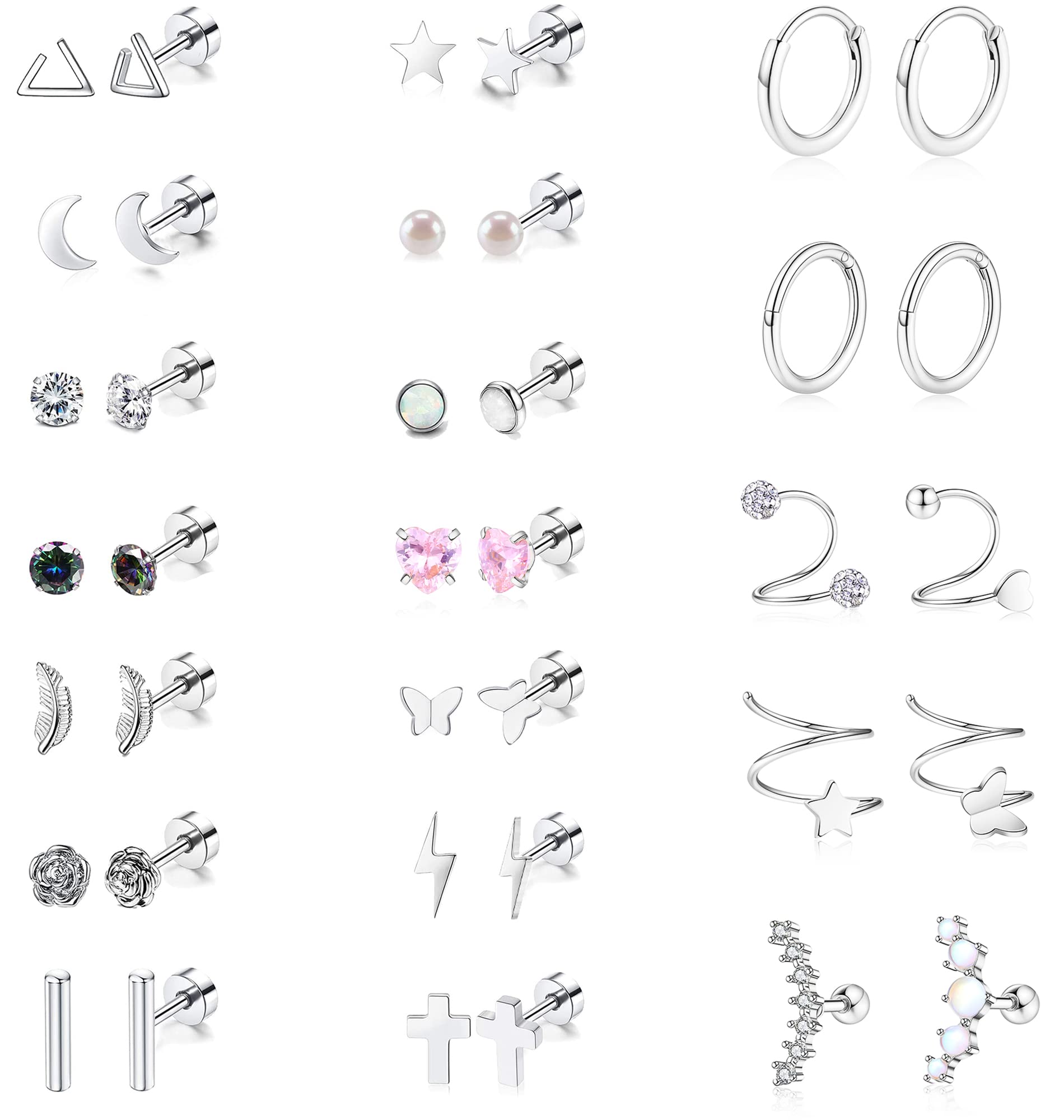 Stainless Steel Earrings,Staligue 19 Pairs Flat Back Earrings and Cartilage Hoop Earrings for Women Hypoallergenic Flat Back Stud Earrings Heart Opal Star Moon 20g Tiny Screw Back Cartilage Earring