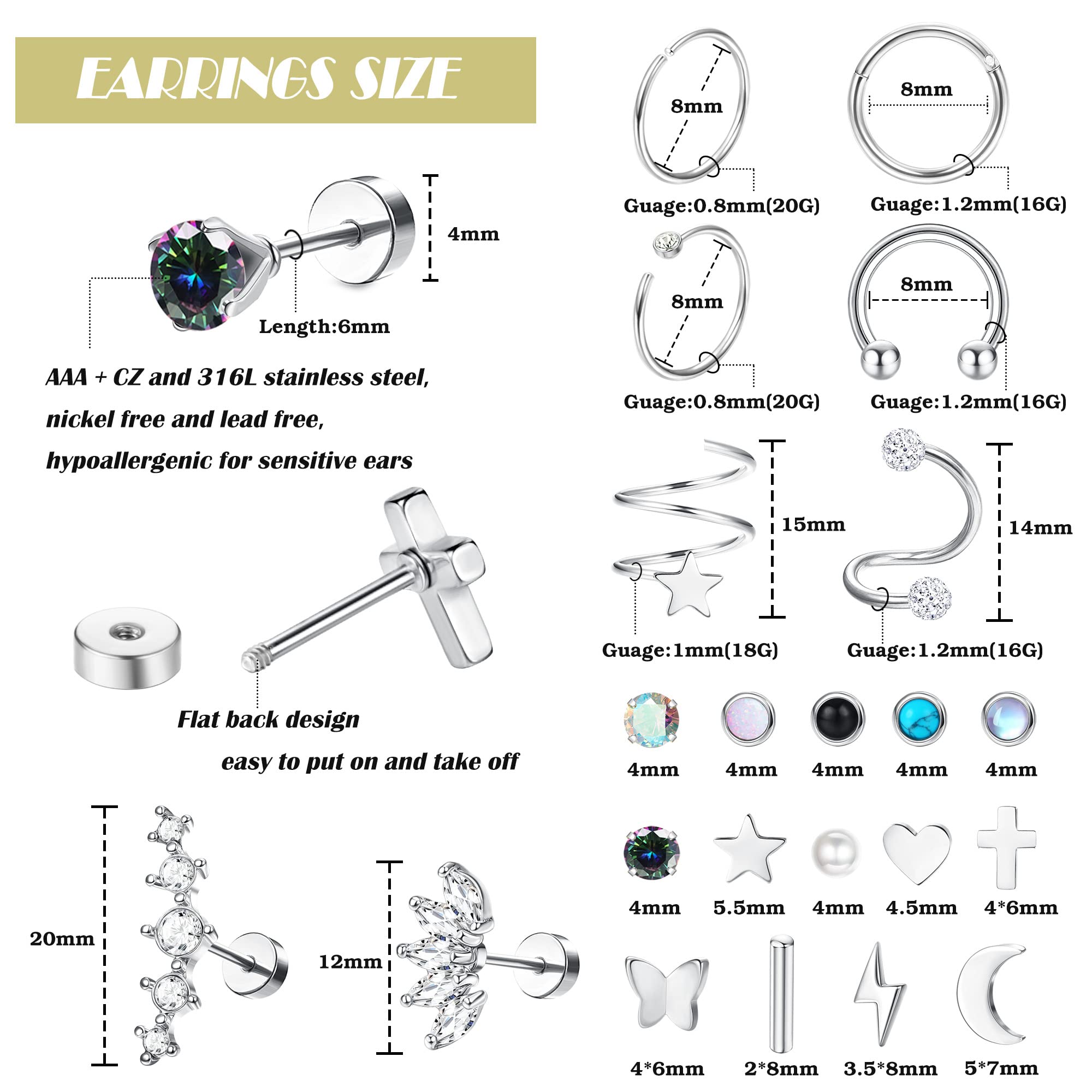 IRONBOX 20G Surgical Steel Stud Earrings for Women Men CZ Heart Star Moon Butterfly Flat Back Earrings Multipack Cartilage Earrings Stud Hoops Tragus Daith Helix Piercing Jewelry Silver