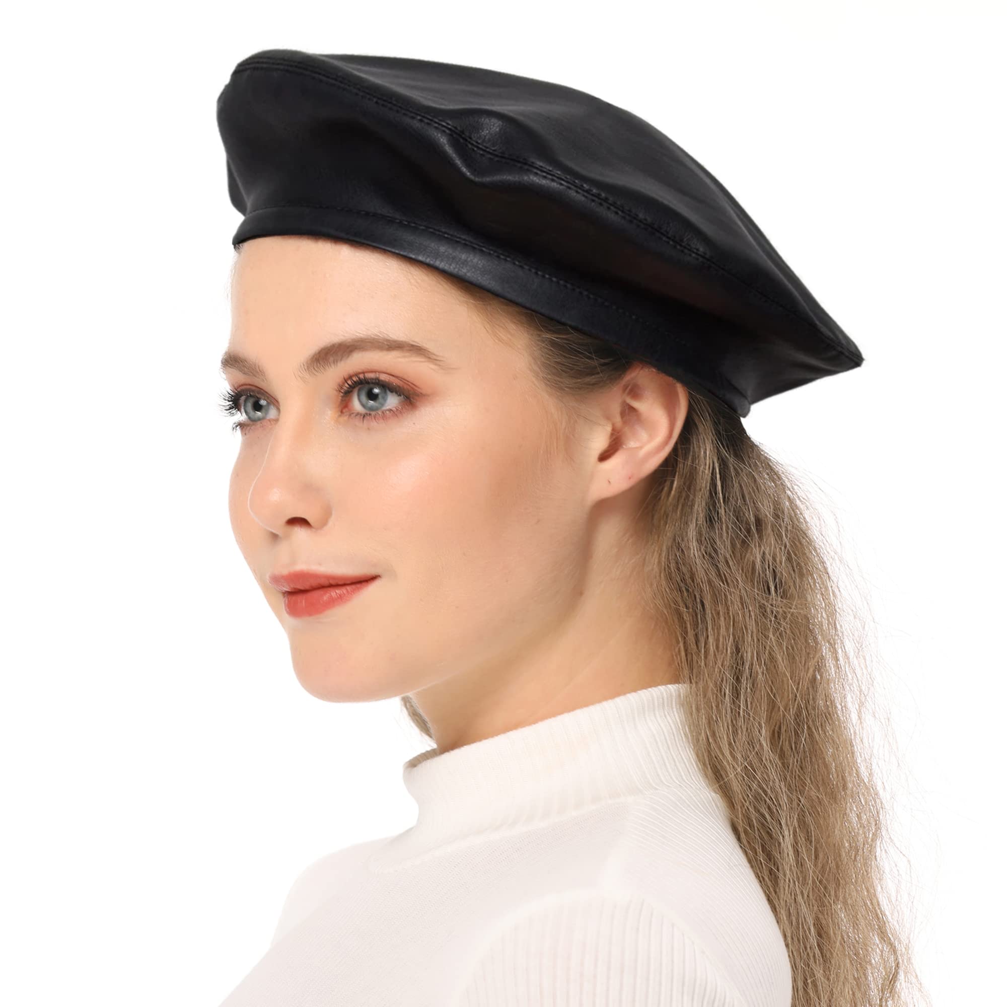 PU Leather Berets for Women French Beret Hats Artist Painter Hat Classic Solid Style(Black)