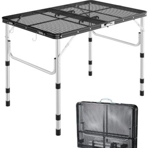 Sportneer Grill Table for Outside, 3ft(L) x 2ft(W) Height Adjustable Camping Table Lightweight Aluminum Folding Portable Metal Folding Outdoor Grill Table for Camping Cooking BBQ RV Picnic (Black)