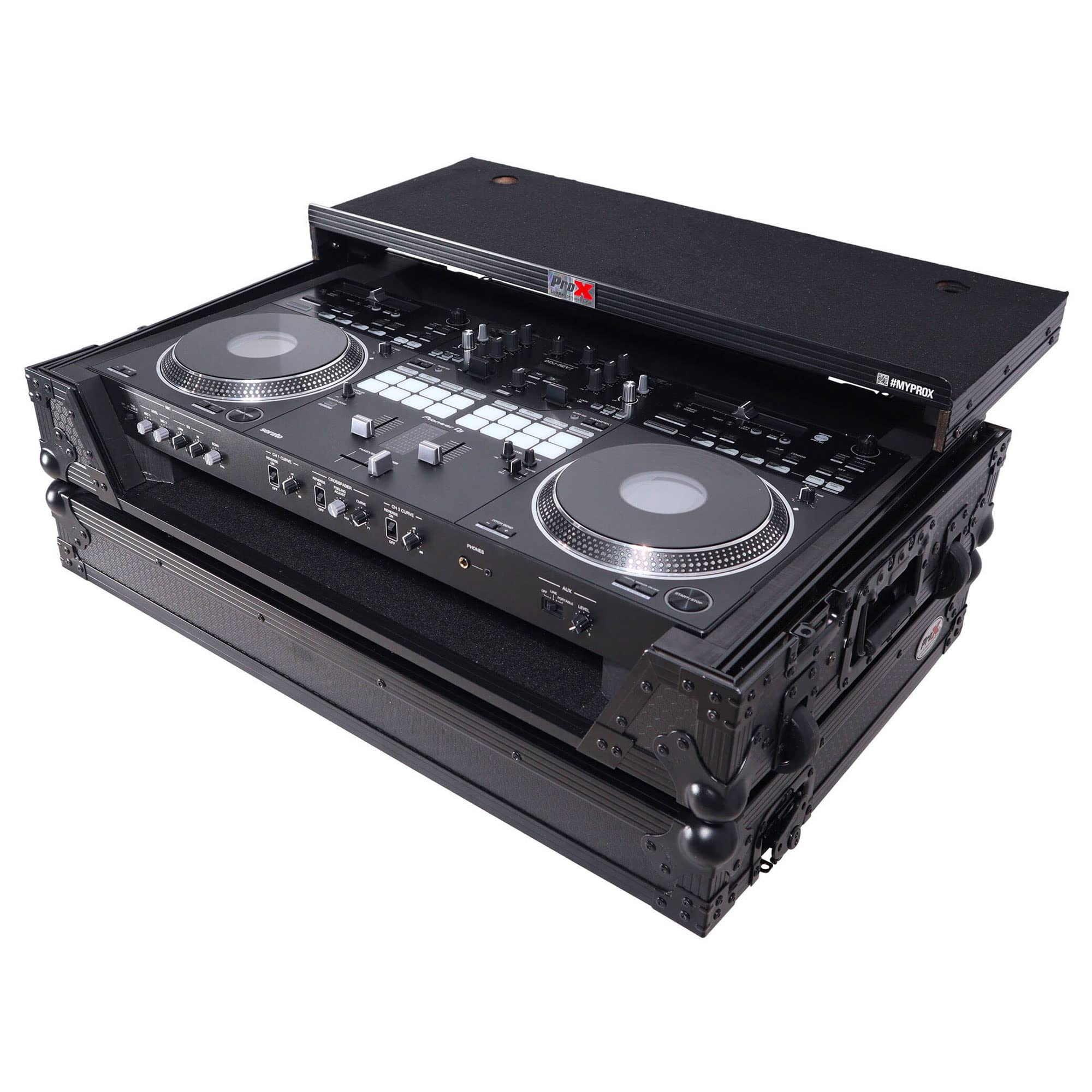 ProX Live Performance Gear ATA Style Flight Case for Pioneer DDJ-REV7 DJ Controller with Laptop Shelf Wheels and 1U Rackspace Black Finish