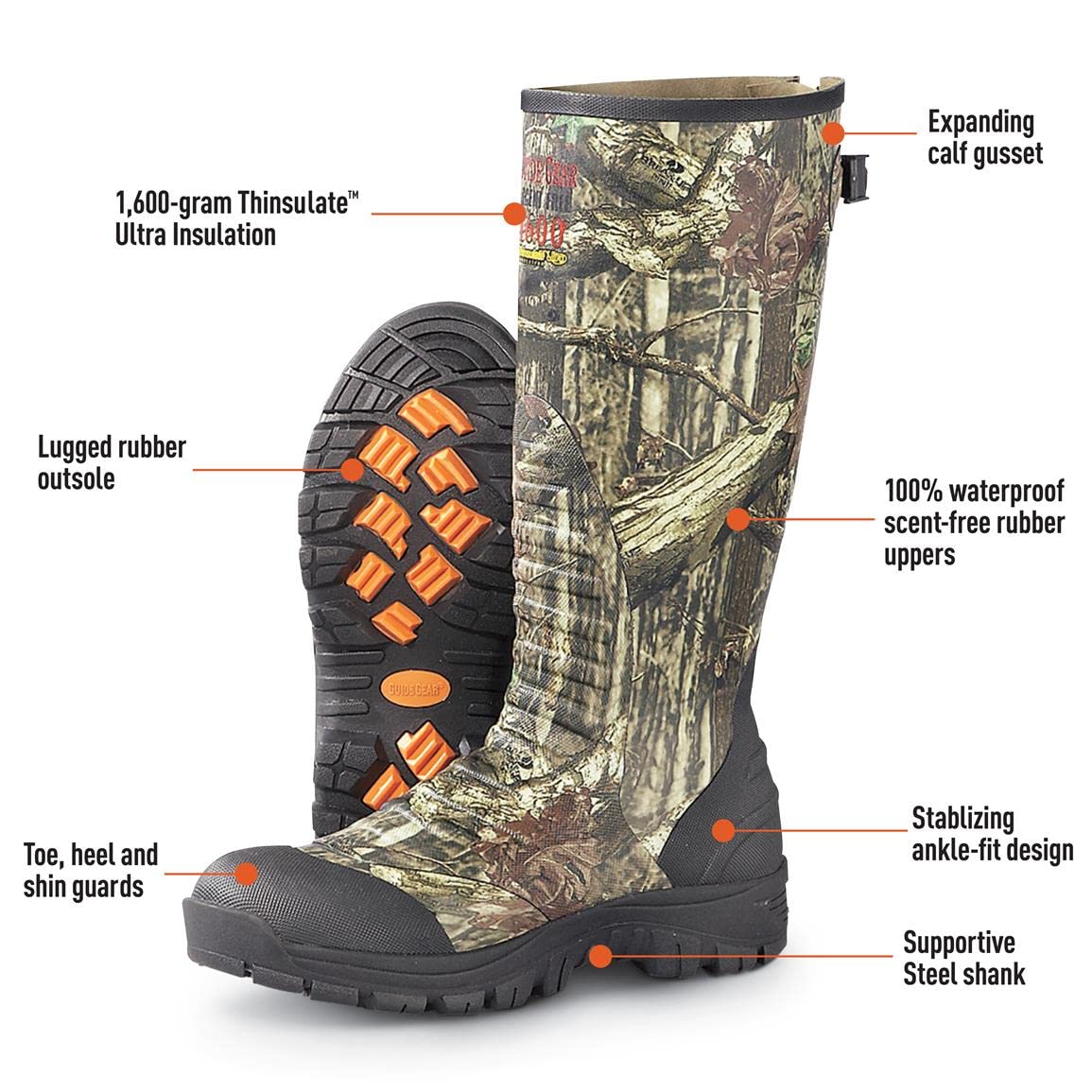 Guide Gear Men's Ankle Fit Camo Hunting Insulated Rubber Boots Waterproof Muck Rain Shoes, 1,600-gram Mossy Oak Country DNA 10D (Medium)