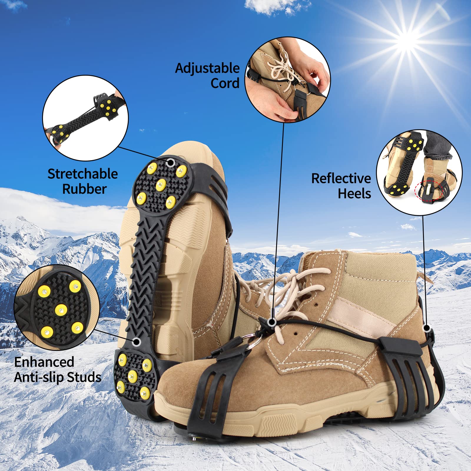 Xproutdoor Non-Slip Ice Cleats Snow Grips, with Adjustable Cord, Strong Traction Crampons 10 Steel Studs, for Shoes and Boots, Snow Ice Walking, X-Large