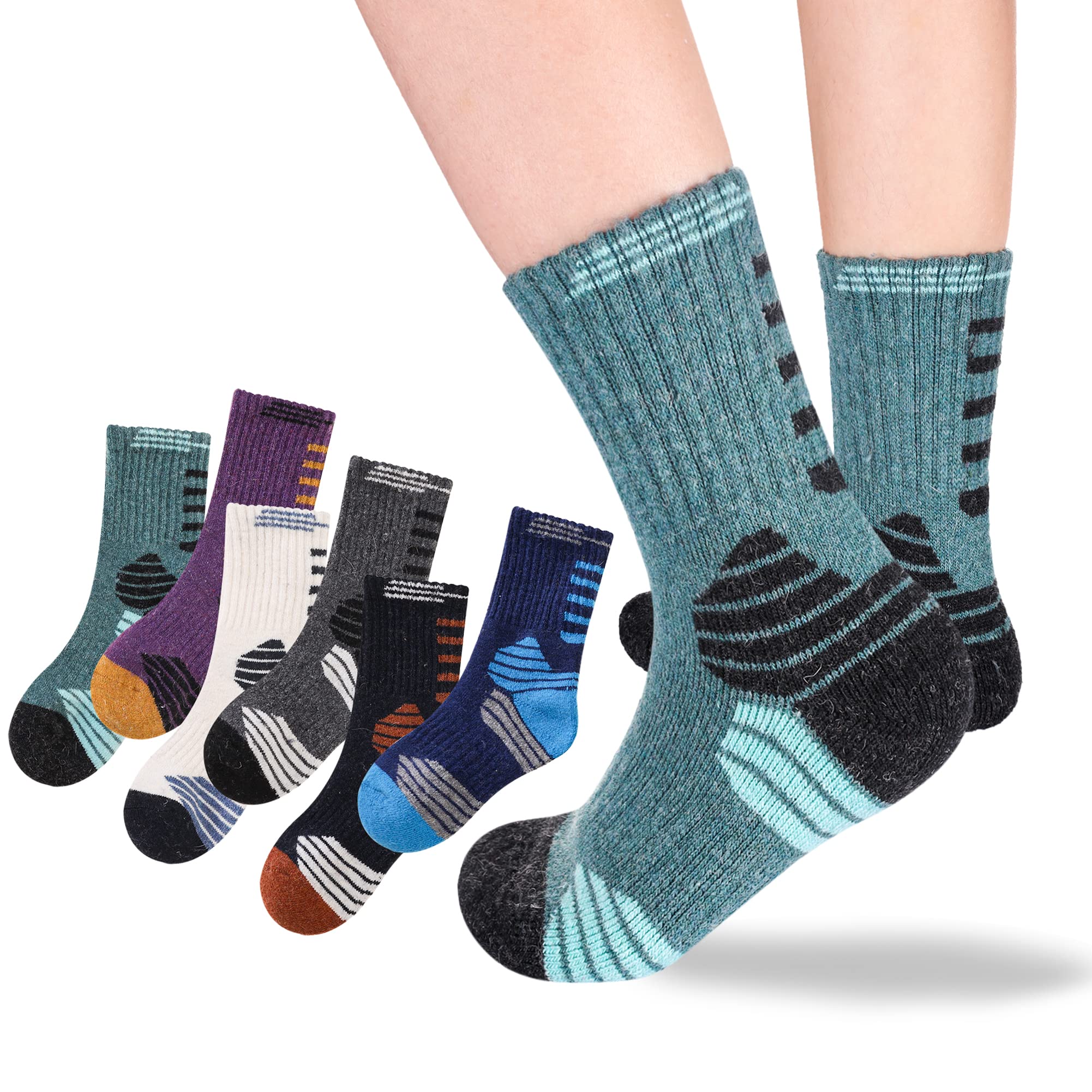 Kids Hiking Walking Socks, Boys Girls Toddlers Merino Wool Warm Socks,Wicking Cushion Crew Socks (6 Pairs B, 4-8 Years)