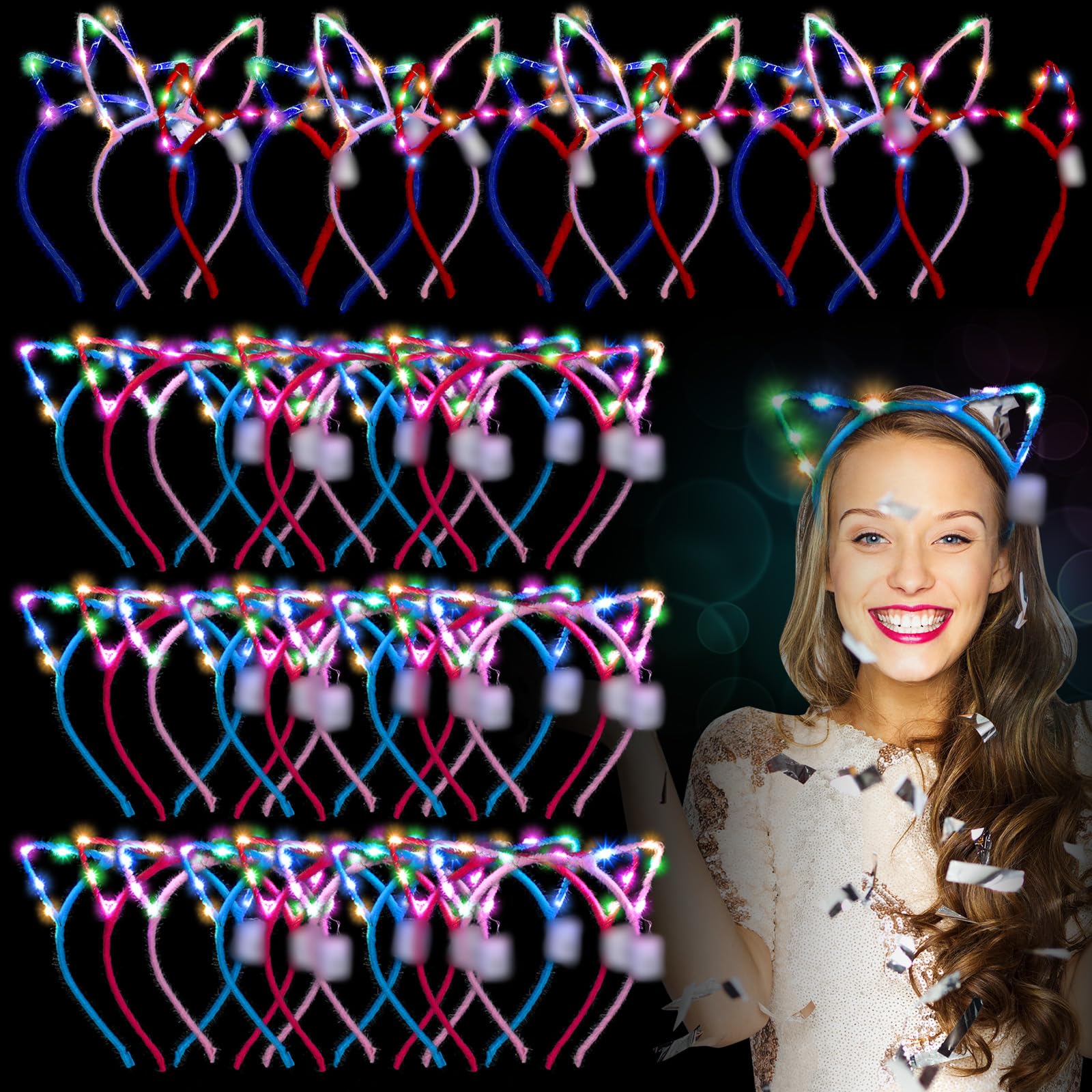 Xinnun 64 Pieces Light up Cat Ears Headband Bulk LED Bunny Ears Glow in Dark Cat Ears Luminous Hairbands Party Supplies for Women Adult Costume