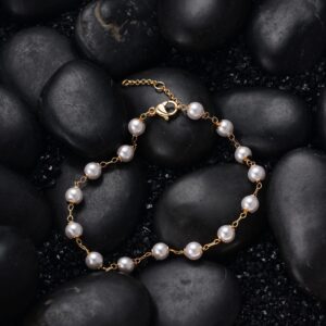 LOYATA Gold Bracelet 14K Gold Plated Dainty Pearl Chain Handmade Simple Jewelry Gift for Women