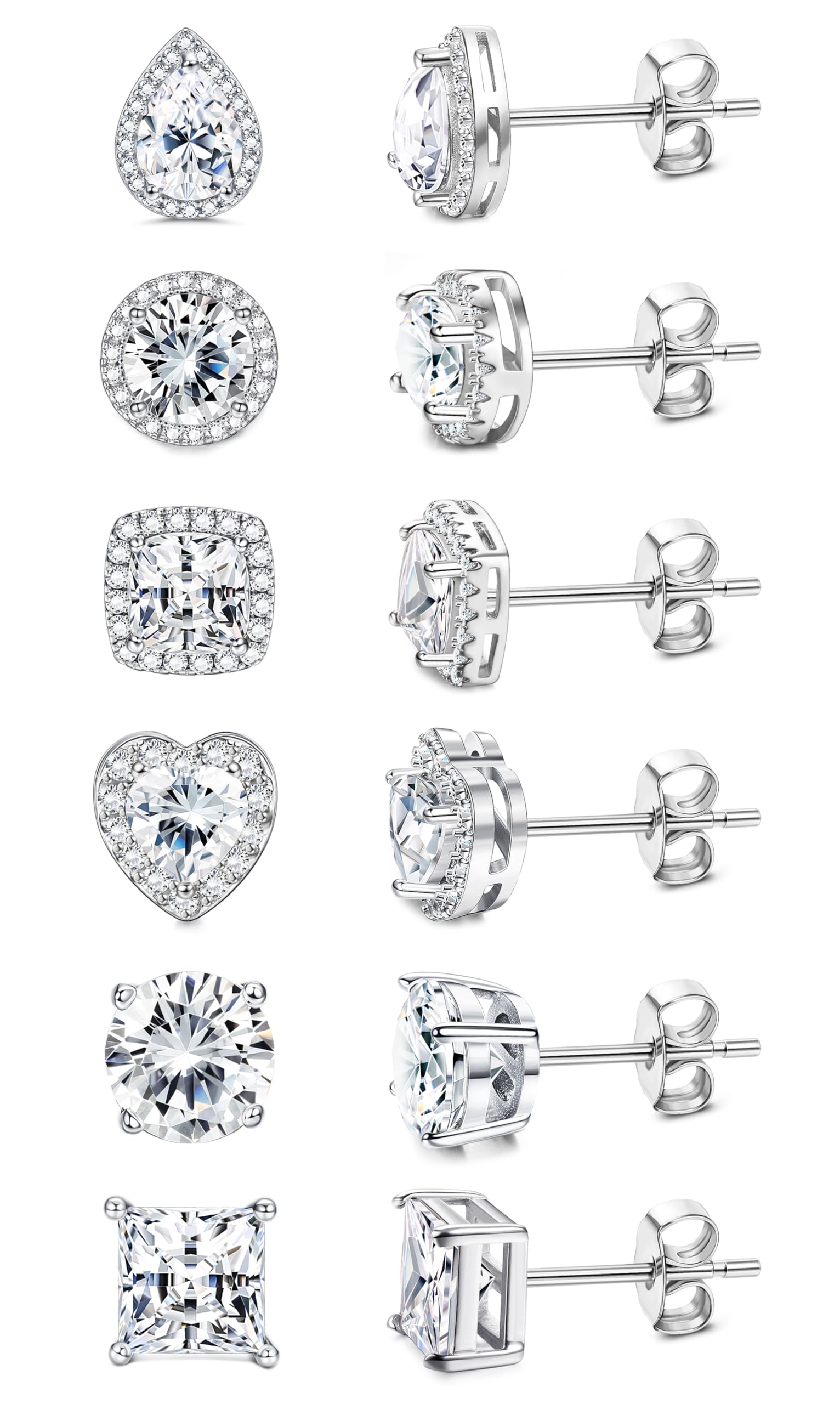 HAIAISO 6 Pairs CZ Stud Earrings Set for Women Men Stainless Steel Earrings Classic Brilliant Cut Cubic Zirconia Bridesmaids Earrings Teardrop Heart Faux Diamond Halo Earrings Bridal Stud Earrings