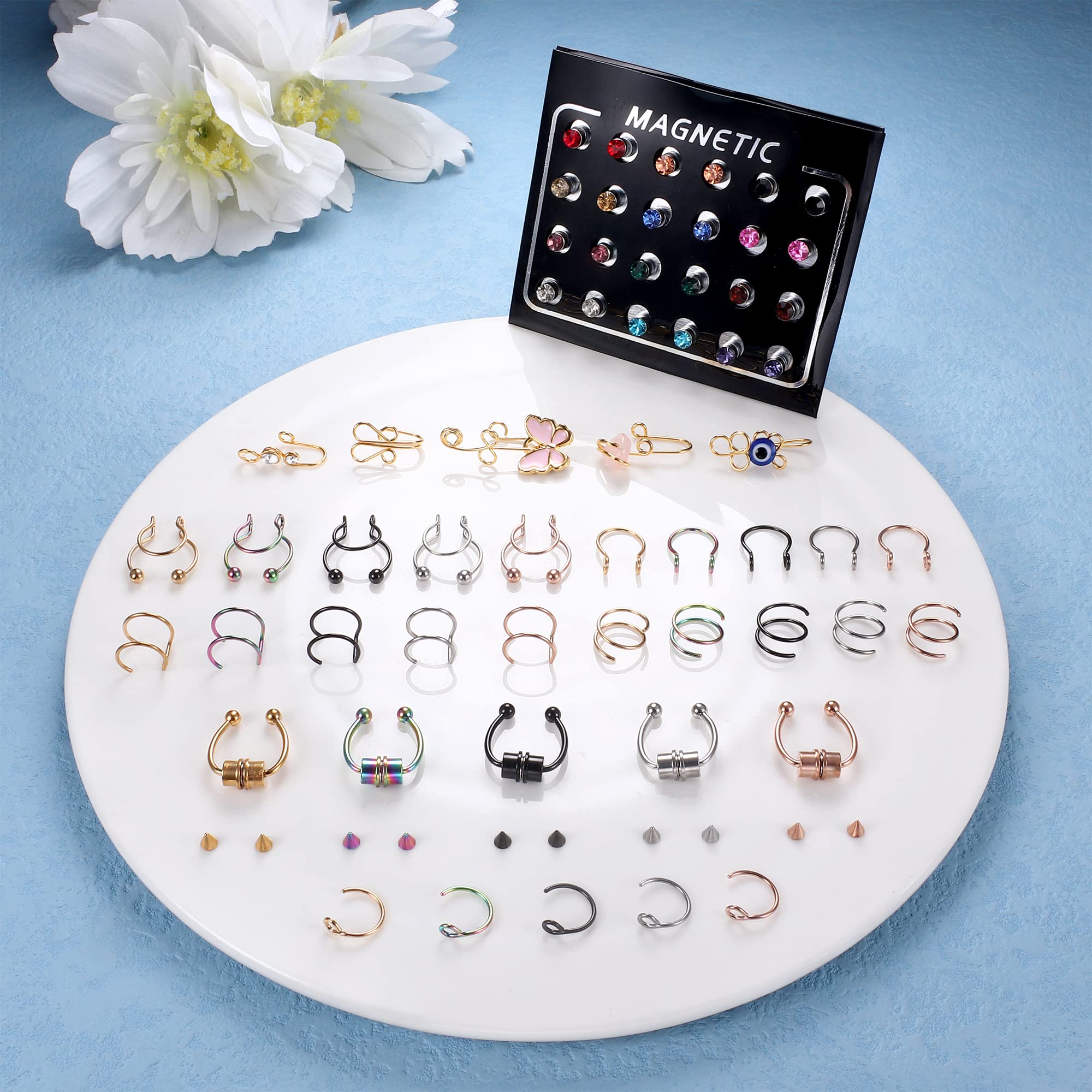 IRONBOX Fake Nose Ring Magnetic Nose Ring Faux Magnetic Septum Nose Ring Studs Hoops Fake Nose Piercings Nose Cuffs Magnet Faux Pretend Nose Ring