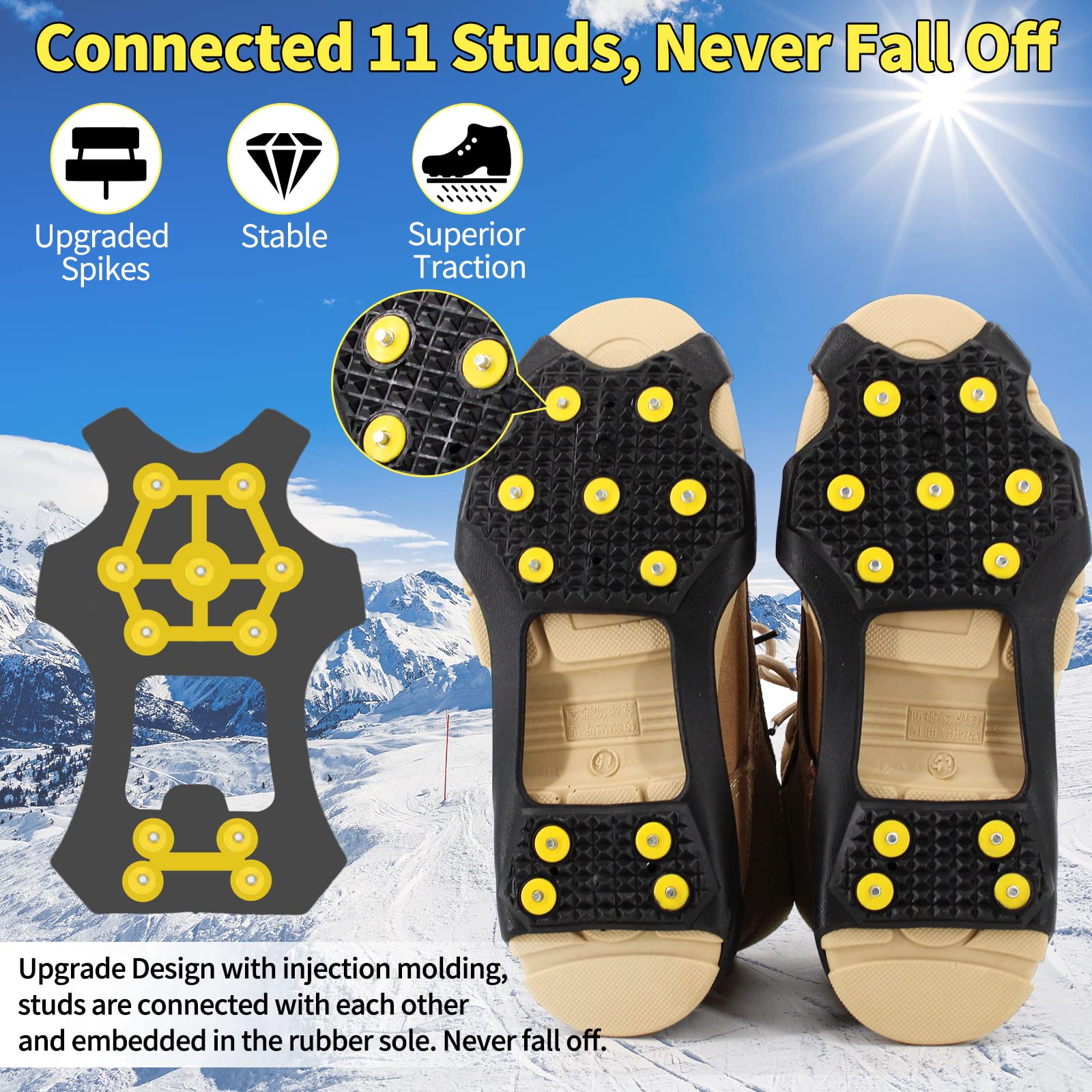 Xproutdoor Non-Slip Ice Cleats Snow Grips, Strong Traction Crampons 11 Steel Studs, for Shoes and Boots, Snow Ice Walking, Medium