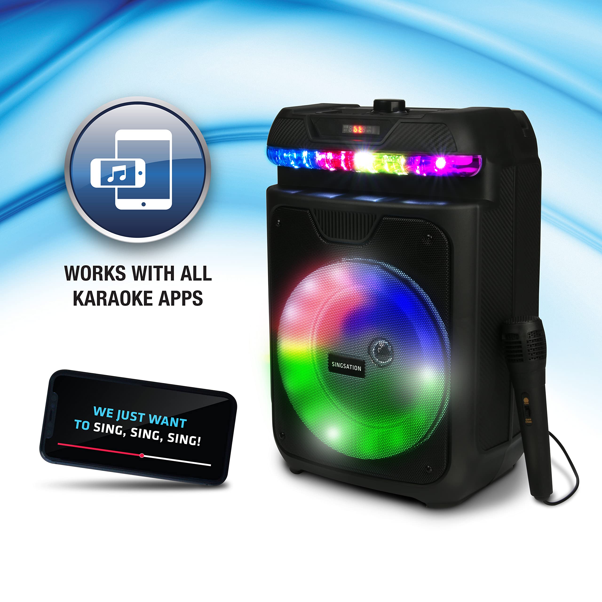 Singsation Portable Karaoke Machine, Two Microphones, 5.0 Bluetooth, 8" Driver Loudspeaker, Remote Control and LED Lights, Rechargeable, USB and Micro SD Music File Reader, AUX and FM for Party