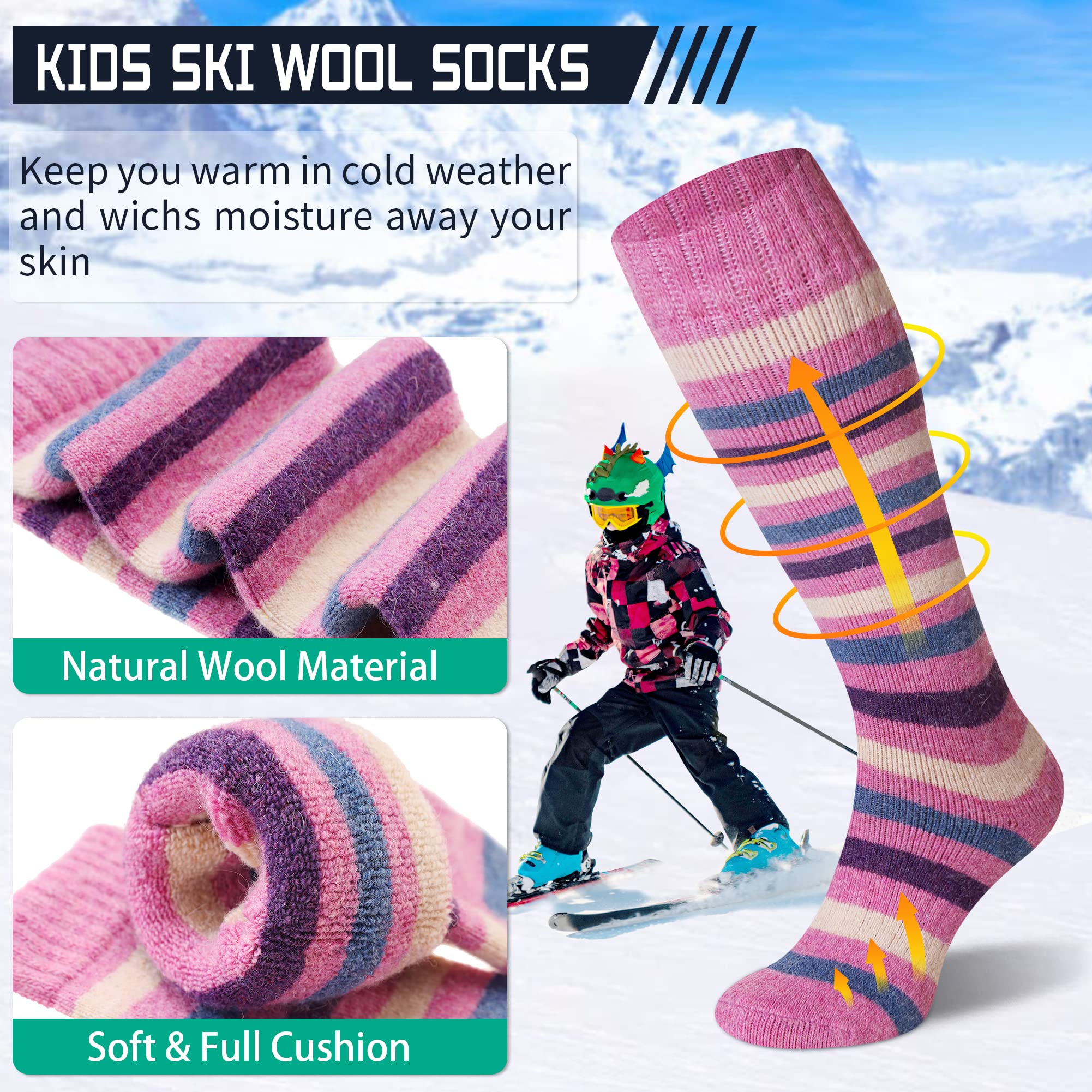 DoSmart Kids Merino Wool Snow Socks,Boys Girls Toddlers Winter Warm Thermal Skiing Snowboarding Skating (2 Pair C,8-12 Years)