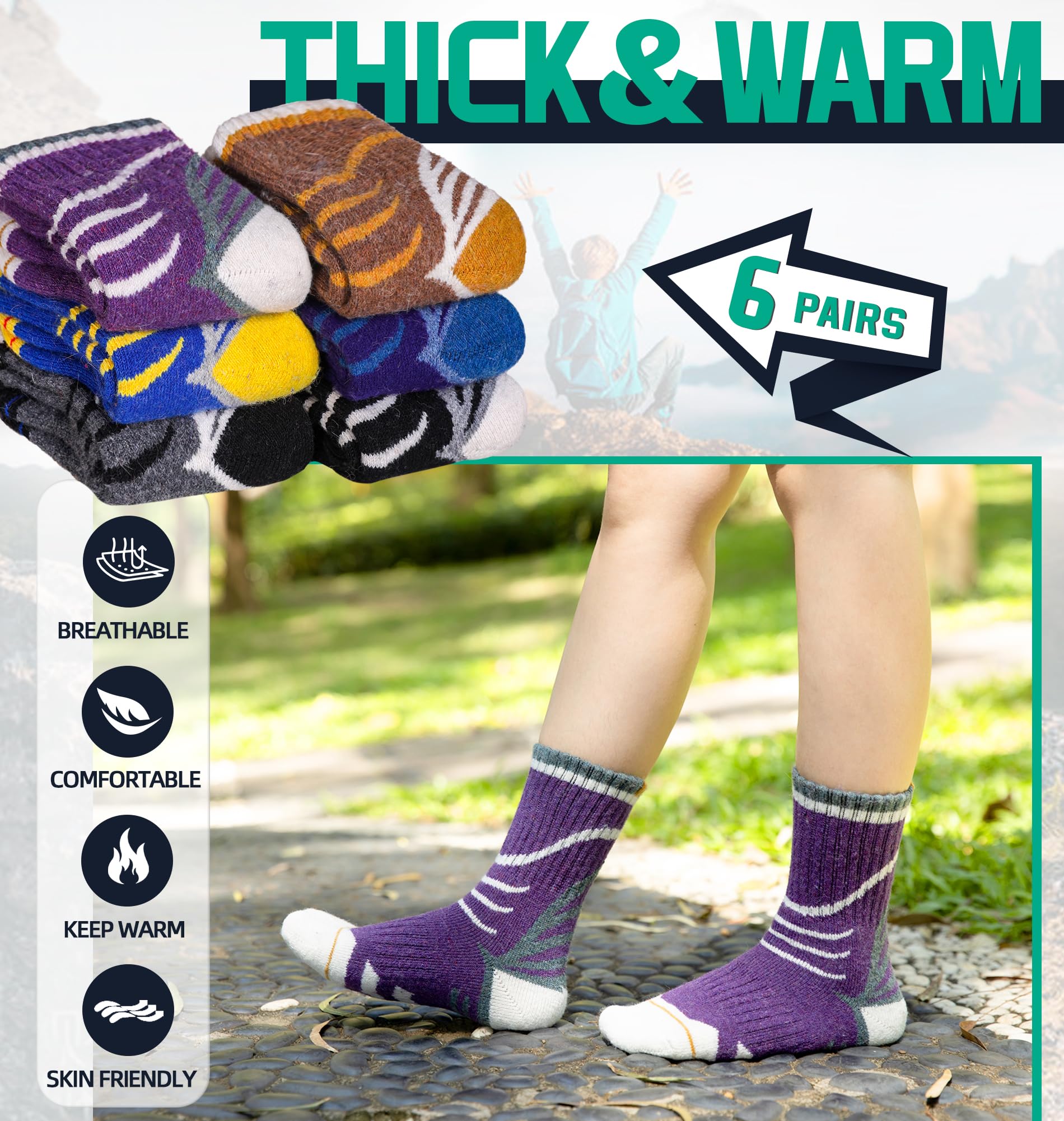 Kids Hiking Walking Socks, Boys Girls Toddlers Merino Wool Warm Socks,Wicking Cushion Crew Socks (6 Pairs A, 4-8 Years)