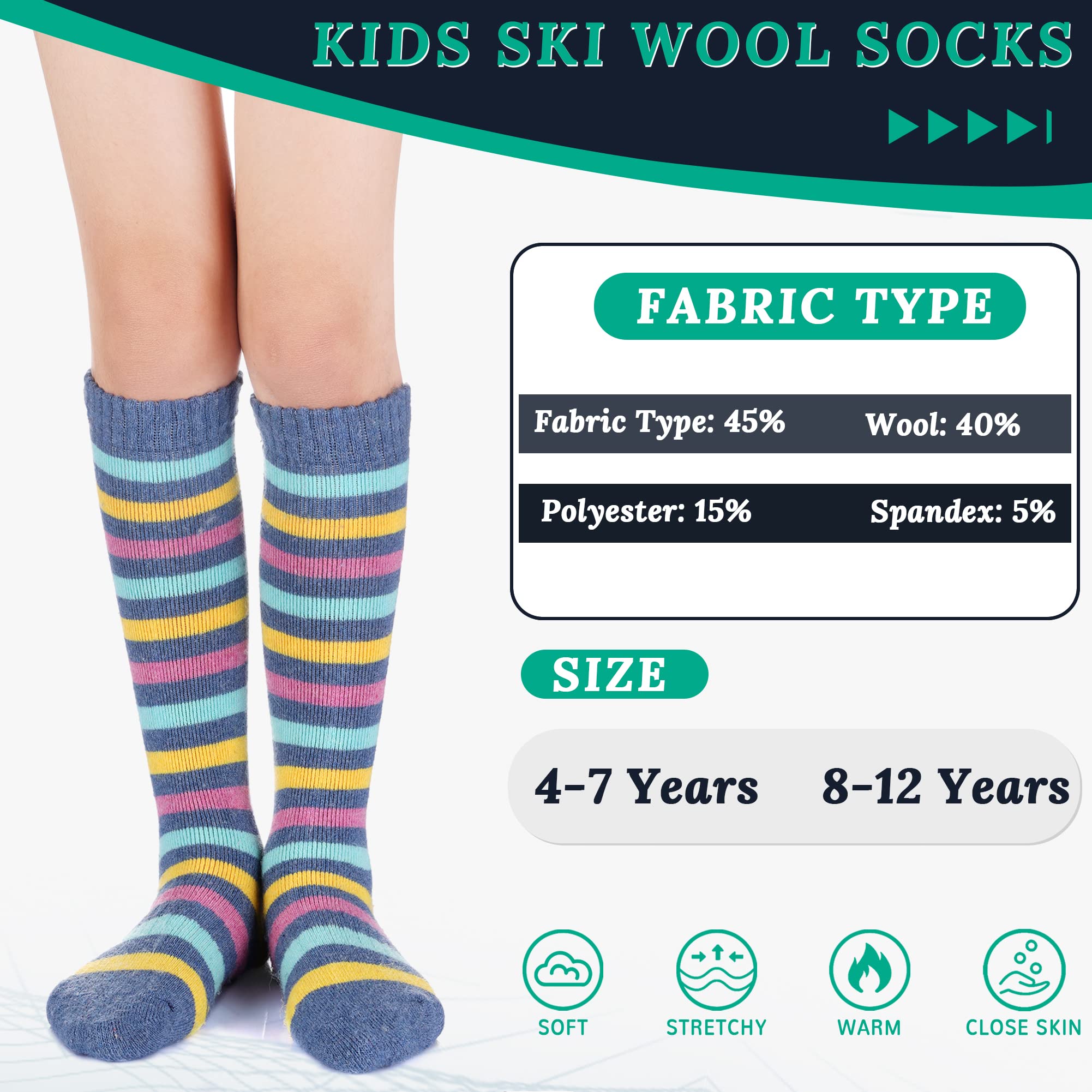 DoSmart Kids Merino Wool Snow Socks,Boys Girls Toddlers Winter Warm Thermal Skiing Snowboarding Skating (2 Pair C,4-7 Years)