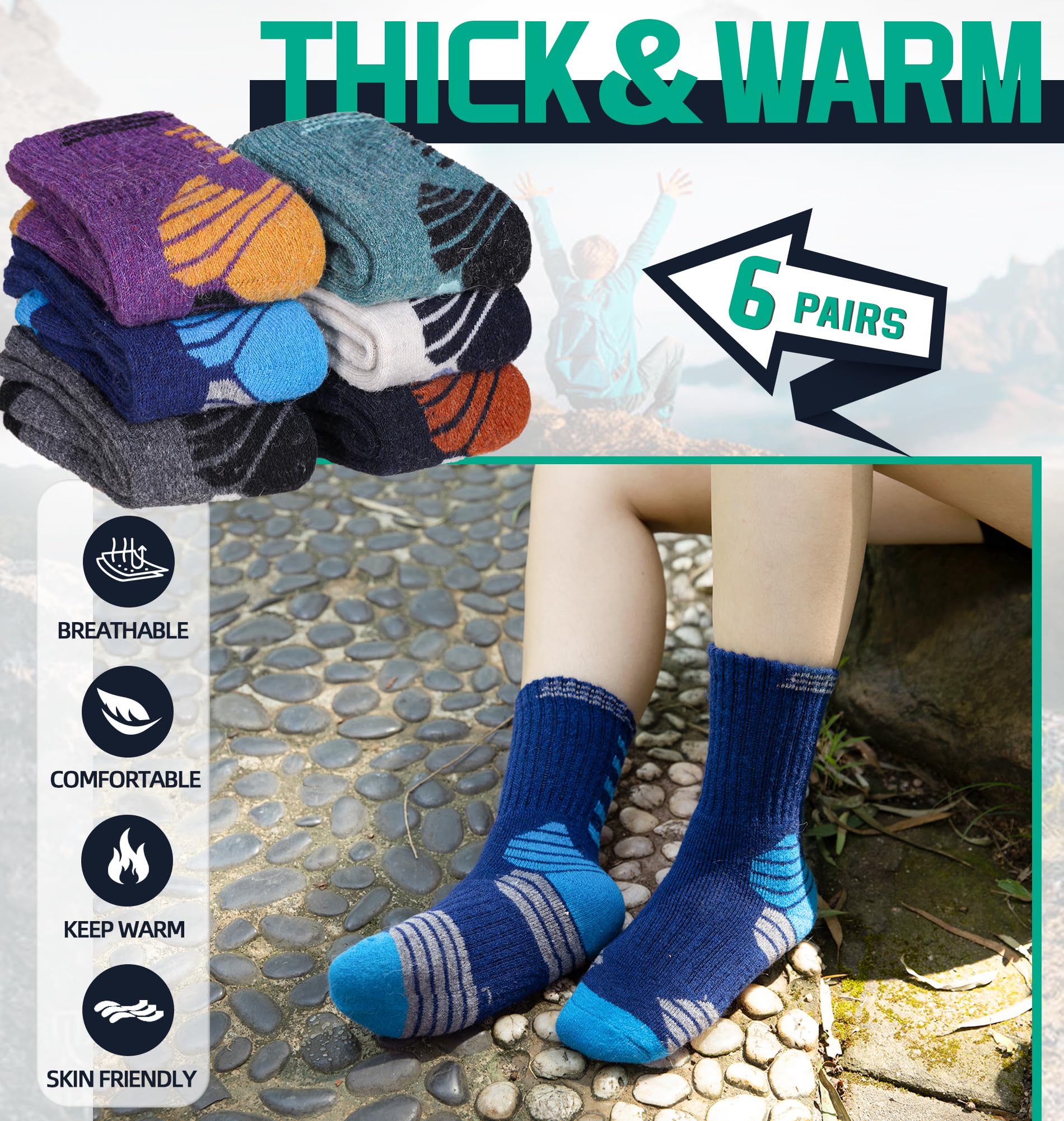 Kids Hiking Walking Socks, Boys Girls Toddlers Merino Wool Warm Socks,Wicking Cushion Crew Socks (6 Pairs B, 4-8 Years)