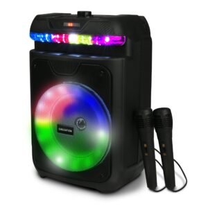 Singsation Portable Karaoke Machine, Two Microphones, 5.0 Bluetooth, 8" Driver Loudspeaker, Remote Control and LED Lights, Rechargeable, USB and Micro SD Music File Reader, AUX and FM for Party