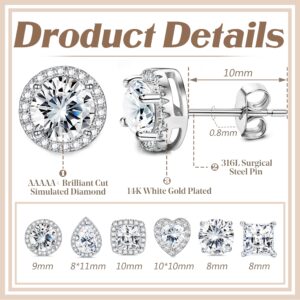 HAIAISO 6 Pairs CZ Stud Earrings Set for Women Men Stainless Steel Earrings Classic Brilliant Cut Cubic Zirconia Bridesmaids Earrings Teardrop Heart Faux Diamond Halo Earrings Bridal Stud Earrings