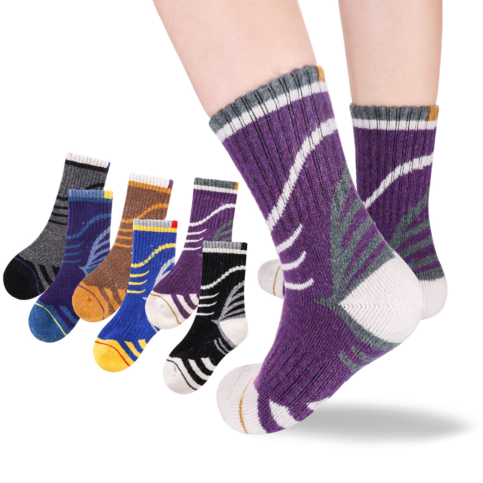 Kids Hiking Walking Socks, Boys Girls Toddlers Merino Wool Warm Socks,Wicking Cushion Crew Socks (6 Pairs A, 4-8 Years)