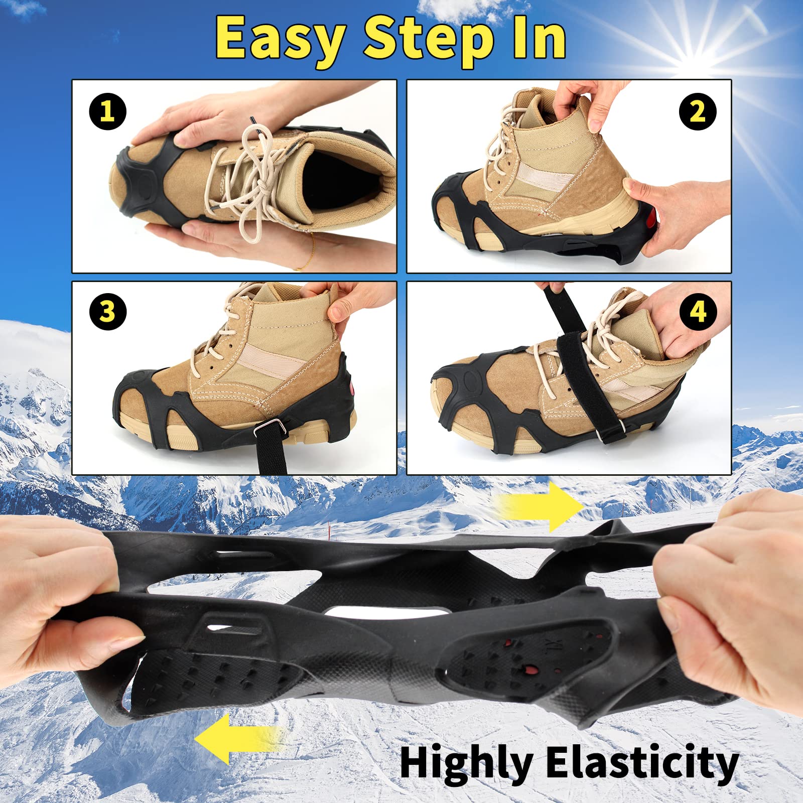 Xproutdoor Non-Slip Ice Cleats Snow Grips, with Reflective Heels, Strong Traction Crampons 10 Tungsten Studs, for Shoes and Boots, Snow Ice Walking, Large