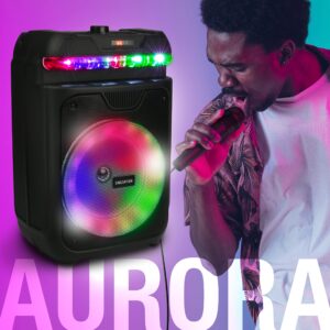 Singsation Portable Karaoke Machine, Two Microphones, 5.0 Bluetooth, 8" Driver Loudspeaker, Remote Control and LED Lights, Rechargeable, USB and Micro SD Music File Reader, AUX and FM for Party