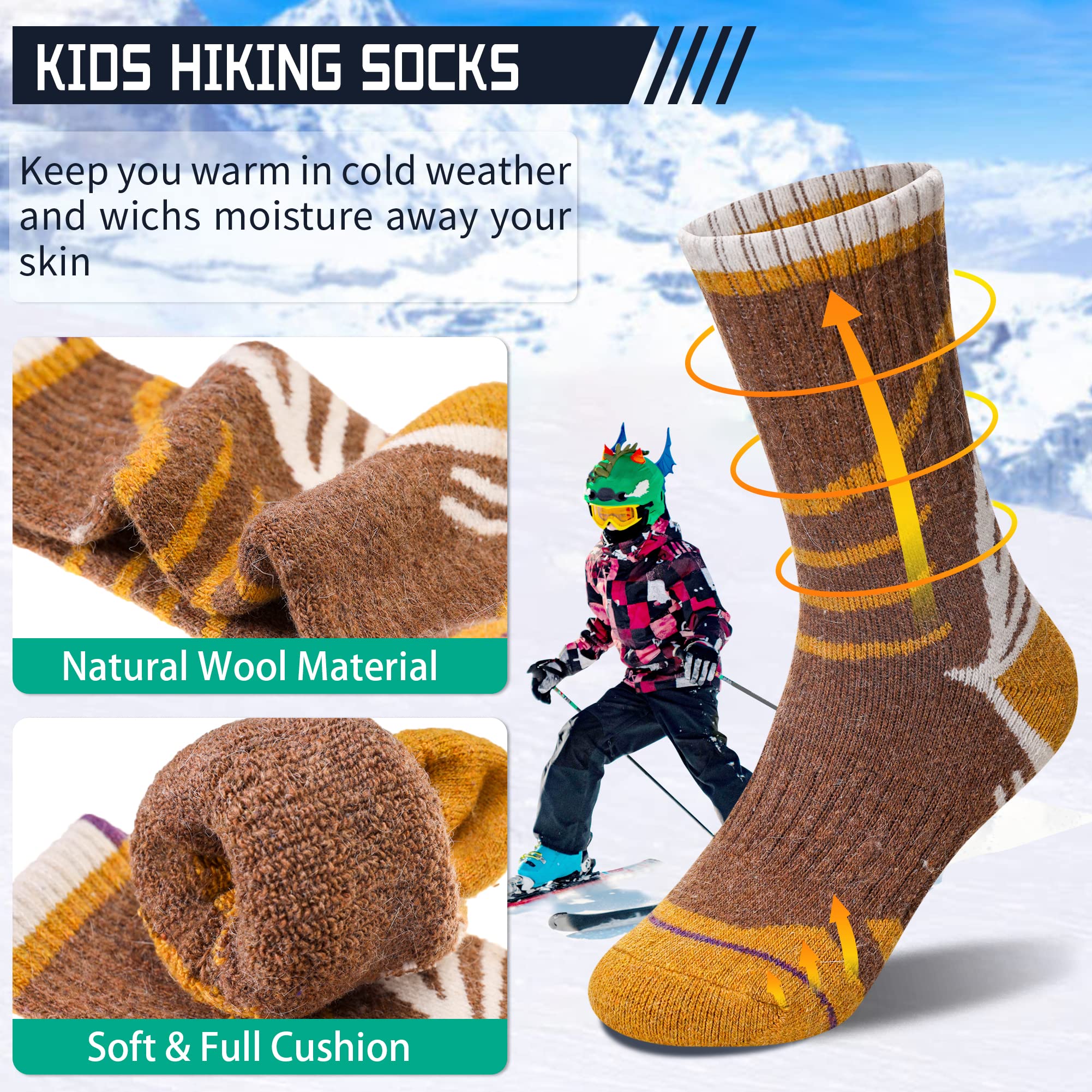 Kids Hiking Walking Socks, Boys Girls Toddlers Merino Wool Warm Socks,Wicking Cushion Crew Socks (6 Pairs A, 4-8 Years)