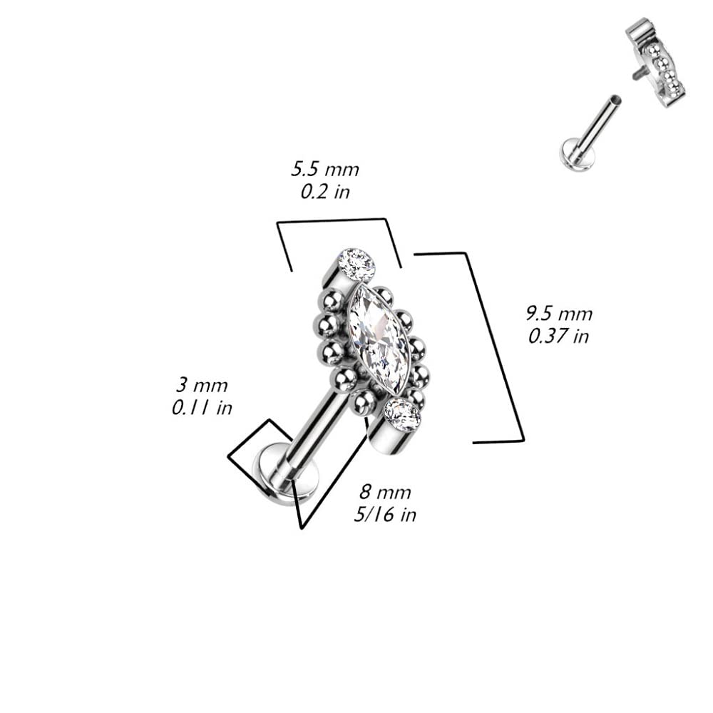 Pierced Owl F136 Implant Grade Titanium Internally Threaded Ball Outlined CZ Crystal Marquise Stud (16GA (1.2mm))