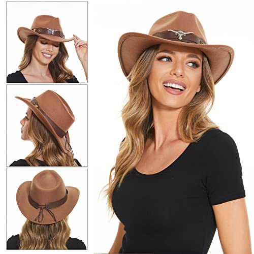 RainFlowwer Cowboy Hat Men, Brown Cowboy Hat for Women, Western Style Hat with Wide Belt Wide Brim