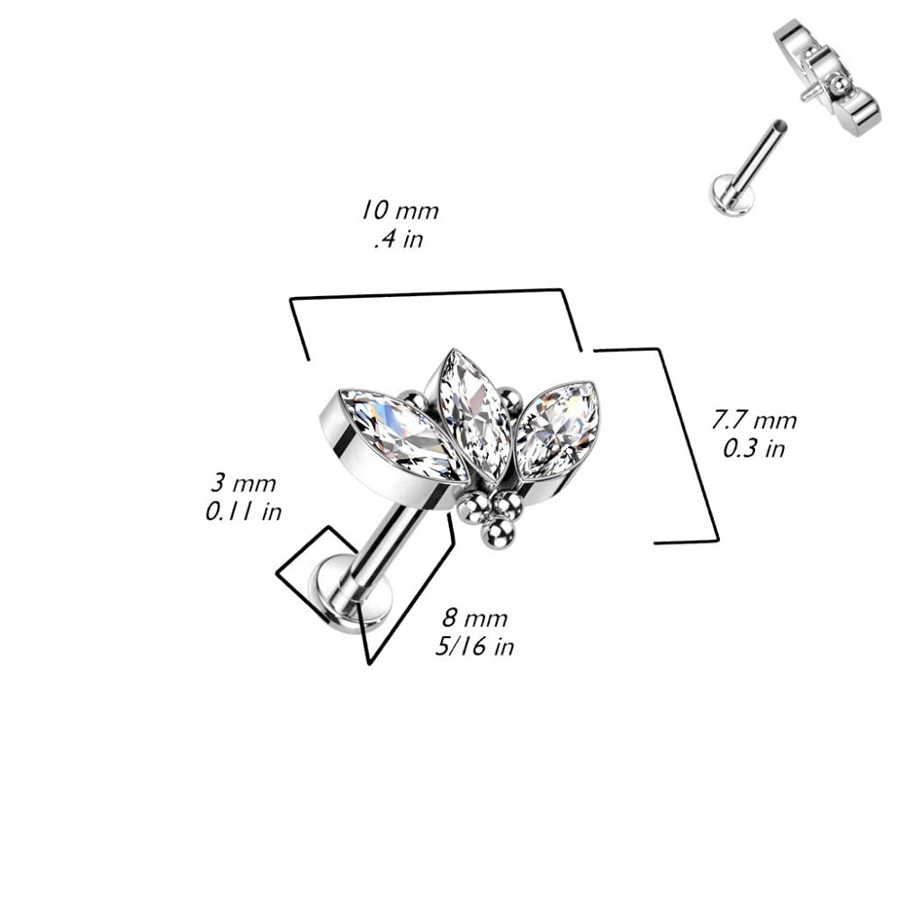 Pierced Owl F136 Implant Grade Titanium Internally Threaded CZ Crystal Marquise and Ball Cluster Stud (16GA (1.2mm))