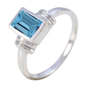 CaratYogi Rectangle Stone Promise Ring sterling silver Natural Blue Topaz Emerald shape Blue color Beautiful Design Engagement Ring Birthstone Jewelry Bezel Setting in Size 7