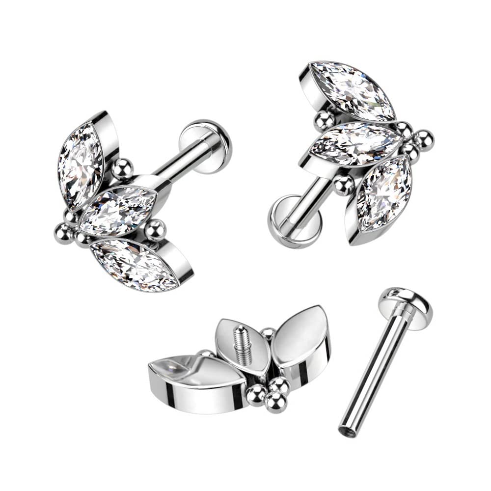 Pierced Owl F136 Implant Grade Titanium Internally Threaded CZ Crystal Marquise and Ball Cluster Stud (16GA (1.2mm))