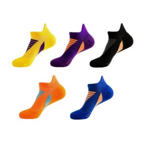 Nigeiyeme Men Organic Cotton Basketball Socks Terry Knit Ankle Socks Fitness Breathable Quick Dry Cycling Short Socks (Yellow/Purple/Black/Orange/Blue-5 Pairs,One-size)