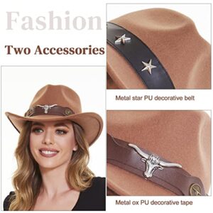 RainFlowwer Cowboy Hat Men, Brown Cowboy Hat for Women, Western Style Hat with Wide Belt Wide Brim