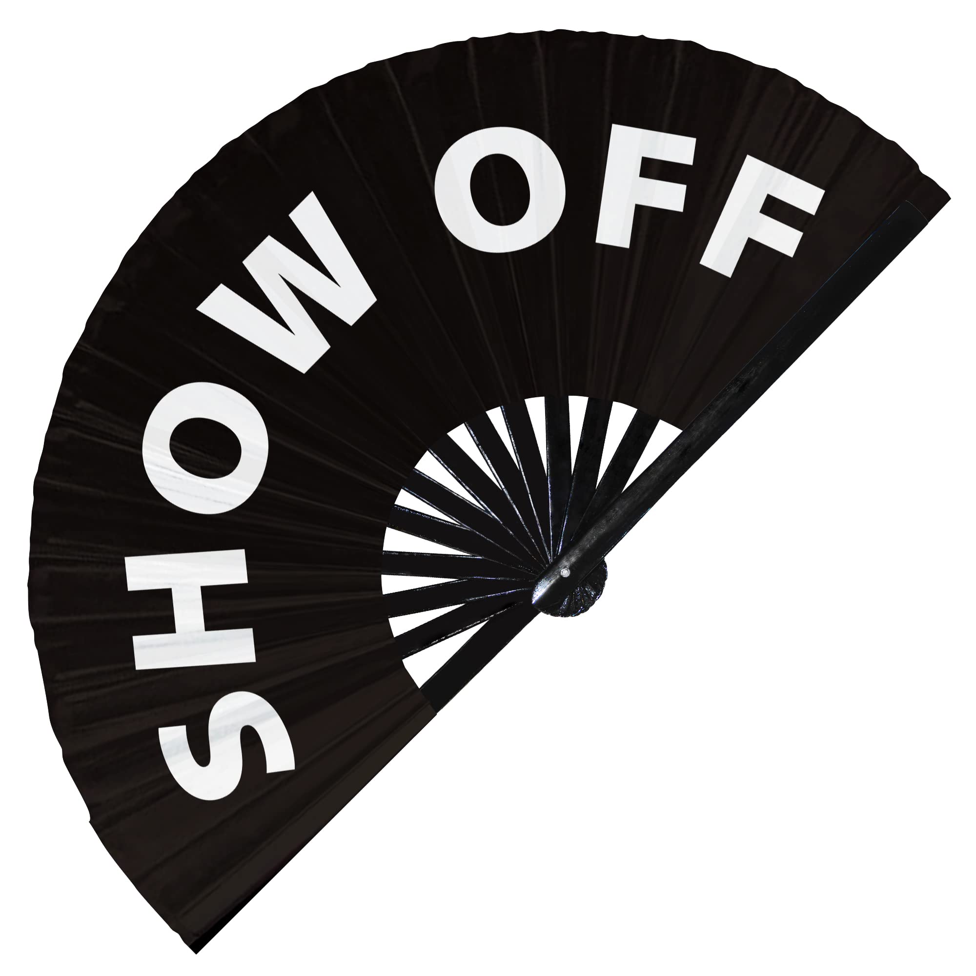 Show Off hand fan foldable bamboo circuit hand fan funny gag slang words expressions statement gifts Festival accessories Rave handheld Circuit event fan Clack fans (Black)