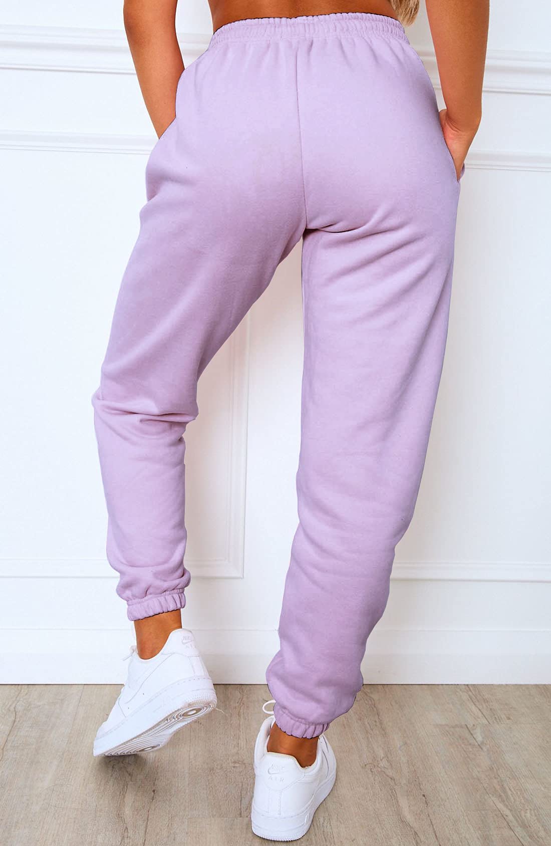 Waitfairy Women's High Waisted Sweatpants Cinch Bottom Jogger Pants with Pockets for Teen Girls Light Purple L