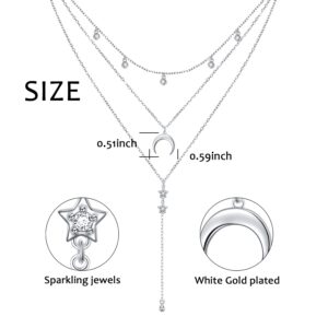 DAOCHONG Triple Layered Pendant Necklace 925 Sterling Silver Moon Star 3 Layered Choker Necklace Long Chain Necklace for Women