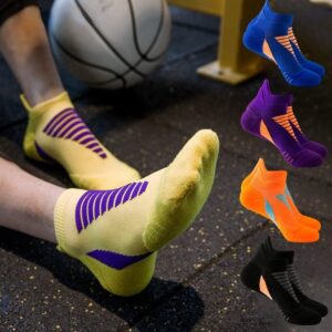 Nigeiyeme Men Organic Cotton Basketball Socks Terry Knit Ankle Socks Fitness Breathable Quick Dry Cycling Short Socks (Yellow/Purple/Black/Orange/Blue-5 Pairs,One-size)