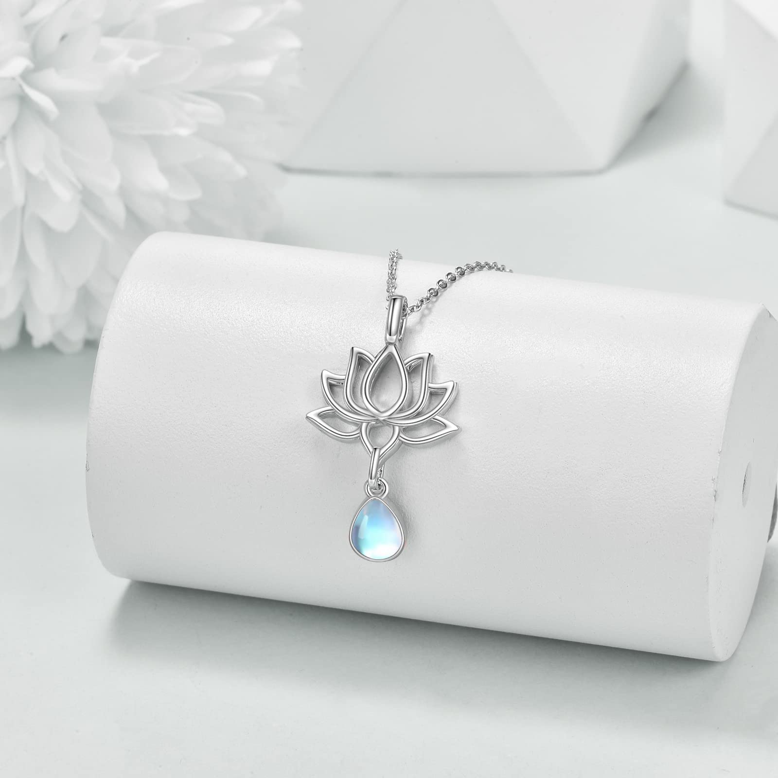 URONE Lotus Flower Pendant Necklace for Women Sterling Silver Simulated Moonstone Yoga Jewelry Gift