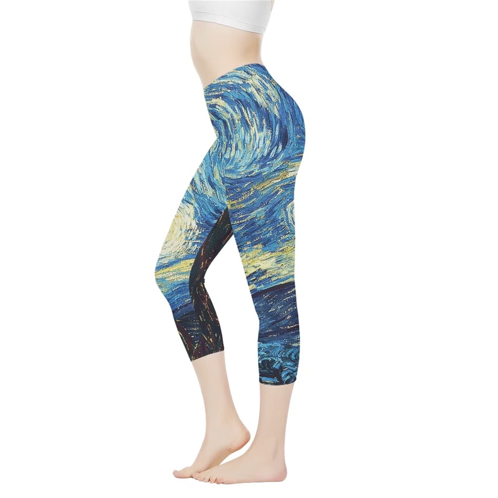 ZPINXIGN Van Gogh Starry Night Capri Leggings for Women High Waisted Yoga Workout Pants for Tummy Control Butt Lifting Athletic Clothes