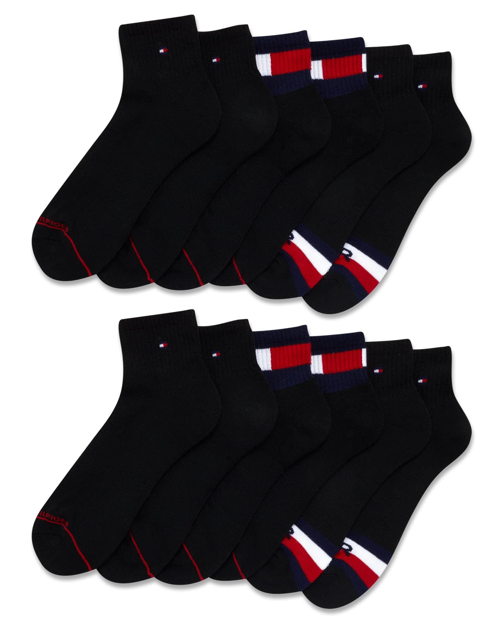 Tommy Hilfiger Men's Quarter Socks - 12 Pack Performance Cushion Comfort Socks - Breathable Athletic Socks for Men (7-12), Size 7-12, Premium Black