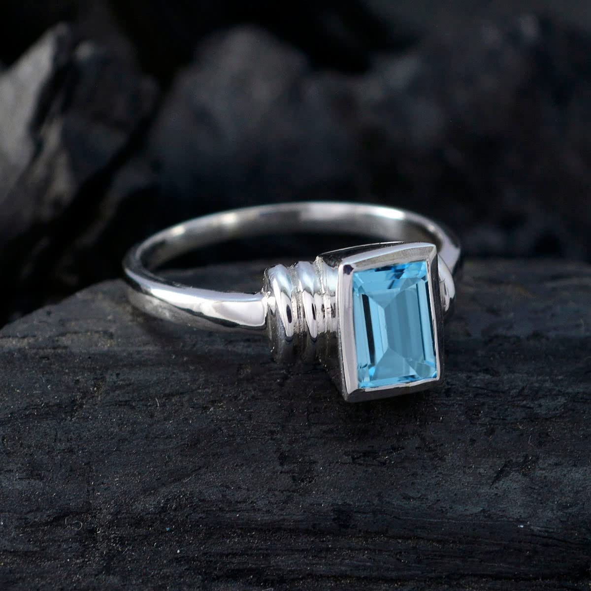 CaratYogi Rectangle Stone Promise Ring sterling silver Natural Blue Topaz Emerald shape Blue color Beautiful Design Engagement Ring Birthstone Jewelry Bezel Setting in Size 7