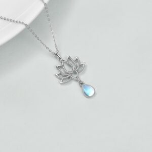 URONE Lotus Flower Pendant Necklace for Women Sterling Silver Simulated Moonstone Yoga Jewelry Gift