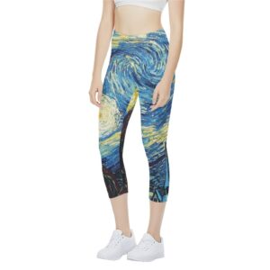 ZPINXIGN Van Gogh Starry Night Capri Leggings for Women High Waisted Yoga Workout Pants for Tummy Control Butt Lifting Athletic Clothes