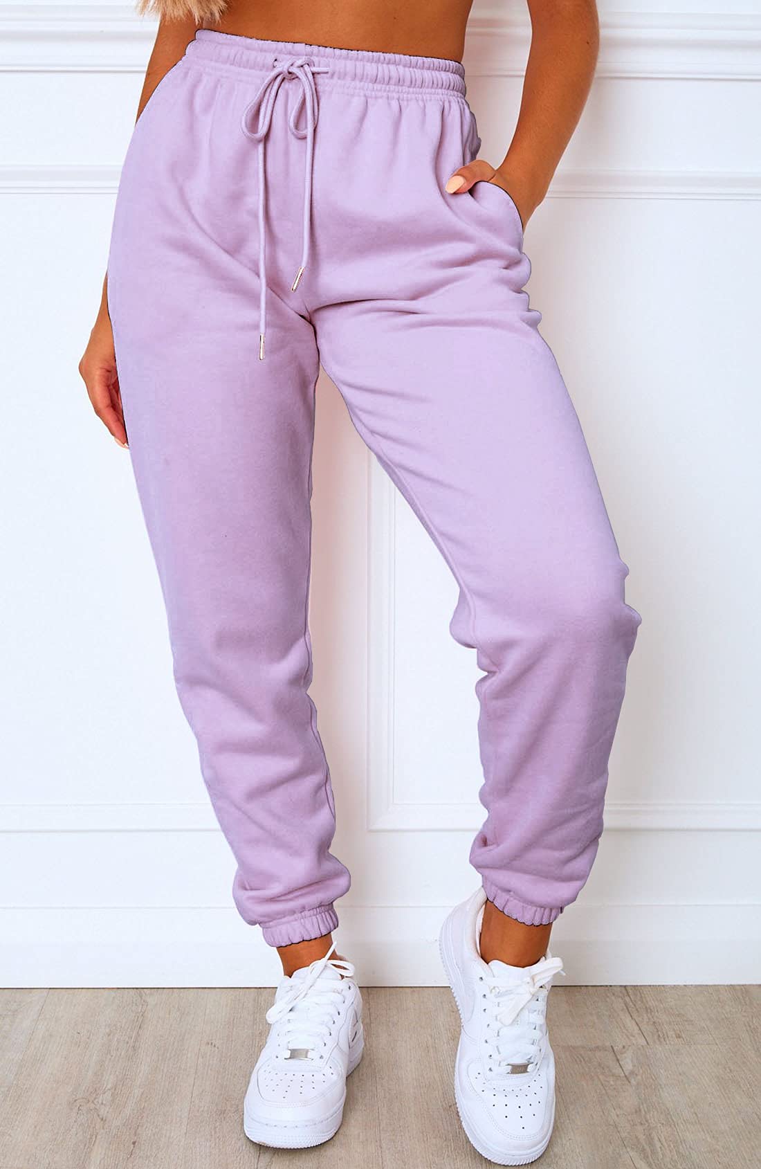 Waitfairy Women's High Waisted Sweatpants Cinch Bottom Jogger Pants with Pockets for Teen Girls Light Purple L