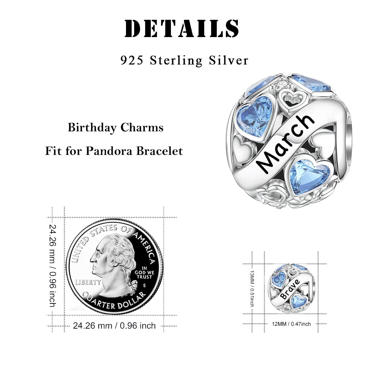 DALARAN March Birthstone Charms for Pandora Charms Bracelet 925 Sterling Silver Birthday Mother's Day Chrismas Jewelry Present for Women