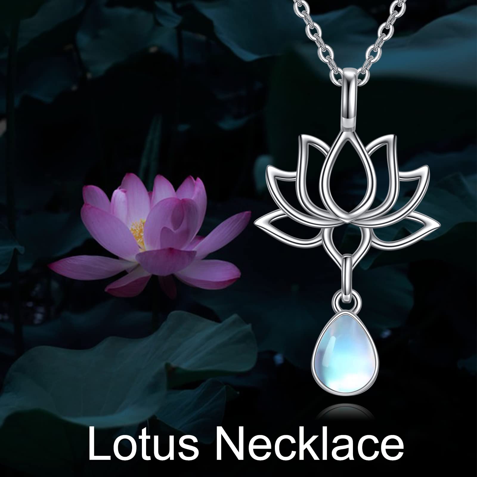 URONE Lotus Flower Pendant Necklace for Women Sterling Silver Simulated Moonstone Yoga Jewelry Gift