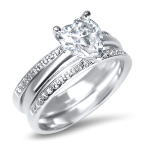 His Hers TRIO 3 PCS Sterling Silver Titanium Wedding Ring Set Heart CZ Simulated Diamond for Him Her