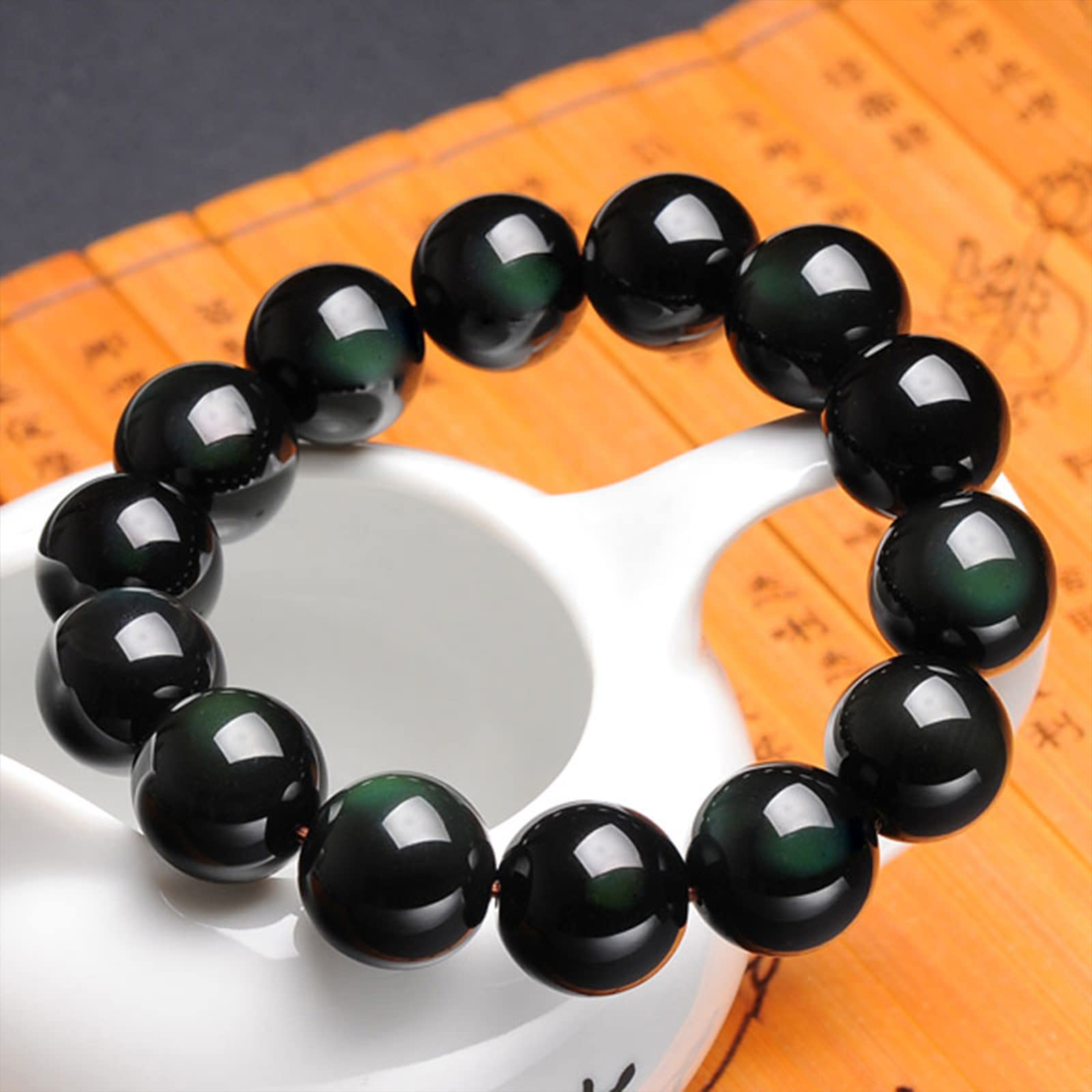 YANYUNZHUBAO Natural Black Obsidian Bracelet Healing Crystals Jewelry Volcanic Rock Stone Ward Off Evil Spirits (Green Eye, 16MM)