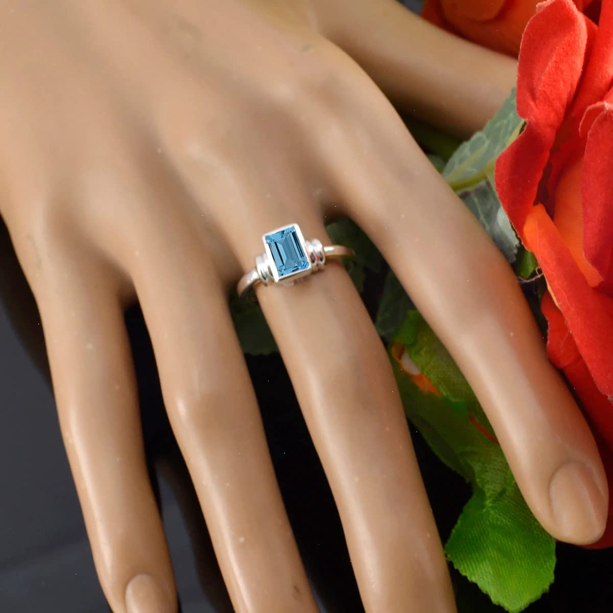 CaratYogi Rectangle Stone Promise Ring sterling silver Natural Blue Topaz Emerald shape Blue color Beautiful Design Engagement Ring Birthstone Jewelry Bezel Setting in Size 7