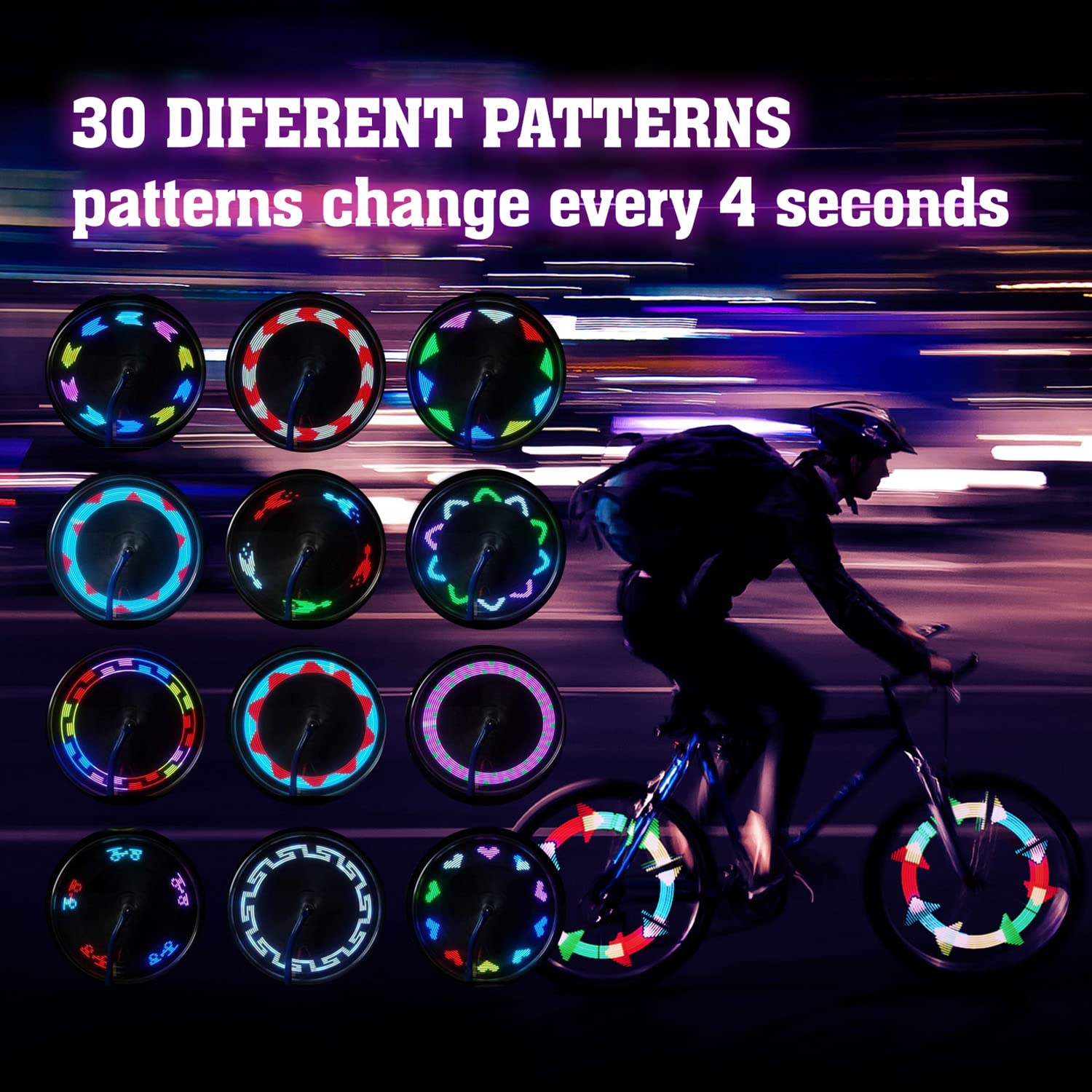 Bike Wheel Lights, Bike Spoke Lights Bicycle Wheel Lights Bike Lights for Wheels Double-Sided 14pcs LED Colorful 30 Changes Patterns Bike tire Lights Bike tire Accessories (Black 14LEDs-2pieces)