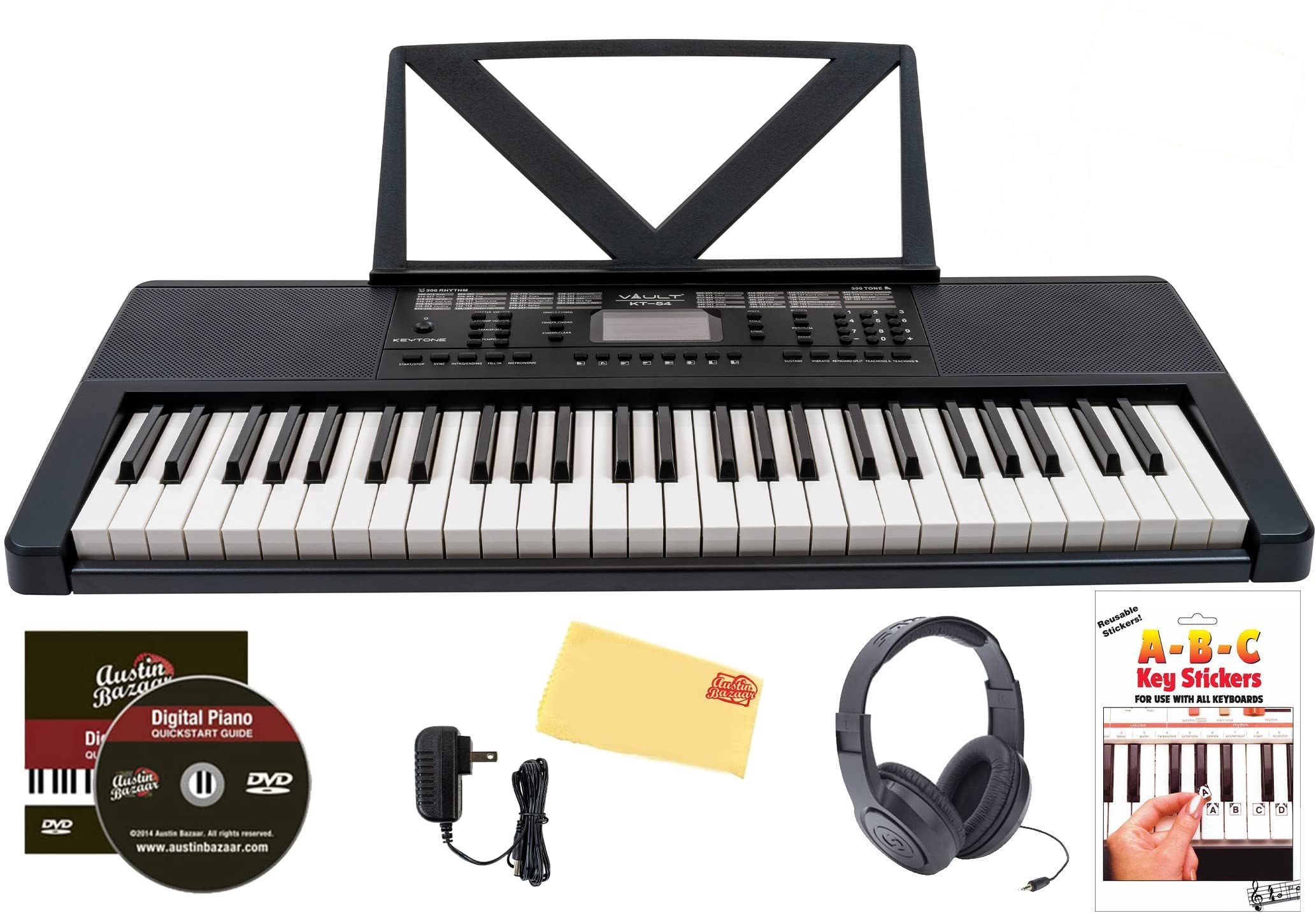 Vault KT-54 Keytone 54-Key Keyboard Black Bundle with Headphones, Keyboard Stickers, Austin Bazaar Instructional DVD and Polishing Cloth