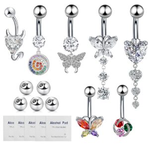 14G Surgical Steel Belly Button Ring Butterfly Dangle Belly Button Rings for Women CZ belly rings belly piercing jewelry 7PCS